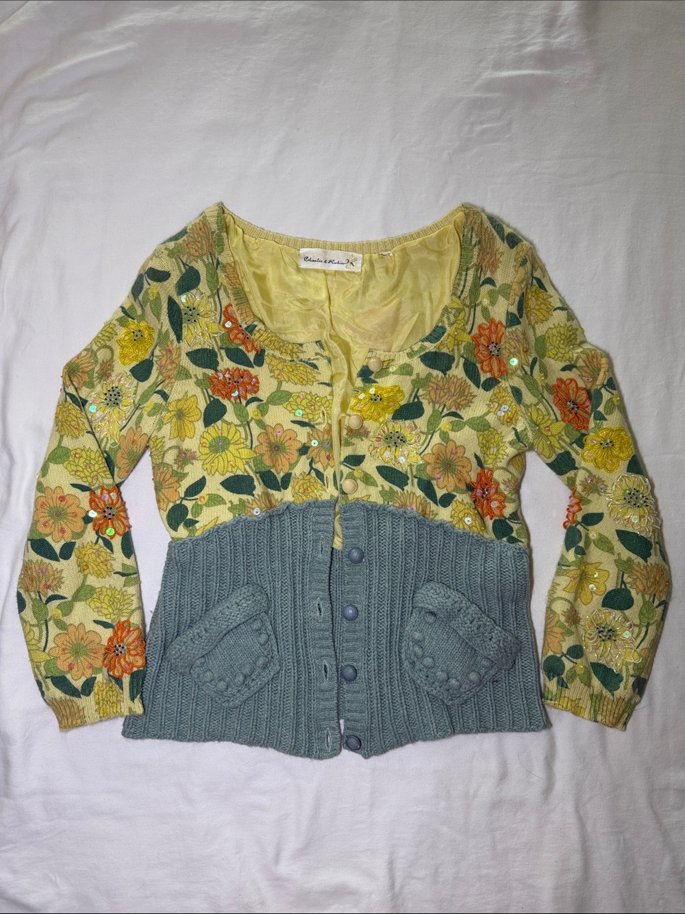 Embroidered Floral Two-Tone Cardigan Sweater - Yellow & Sage